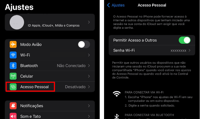 hotspot-iphone Prints de tela do Iphone mostrando como usar a função hotspot.