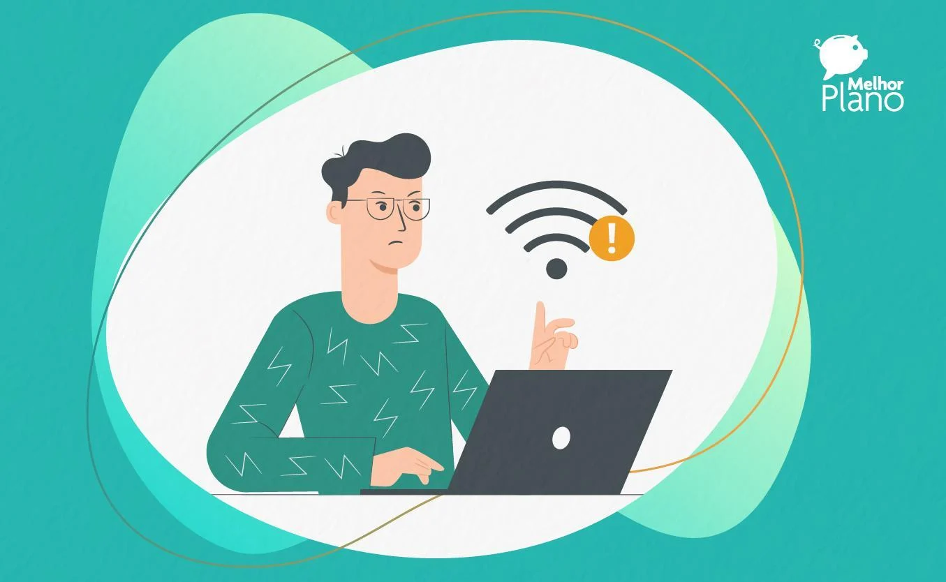 ilustração de uma pessoa com um notebook e com problemas na rede wifi
