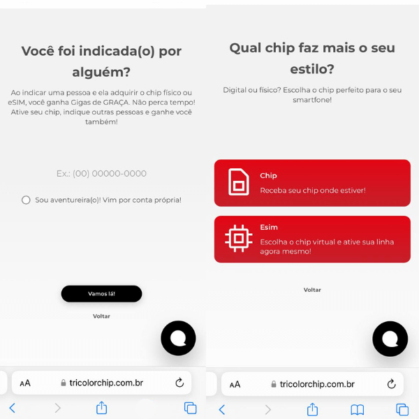 tutorial parte 2 como comprar chip:responda se foi indicado por alguém e escolha o chip virtual (eSIM) ou chip físico para celular