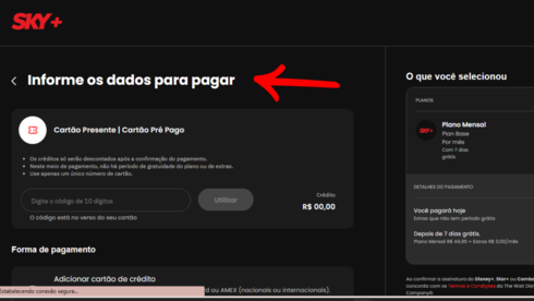 print do site da sky+ onde é feito o pagamento