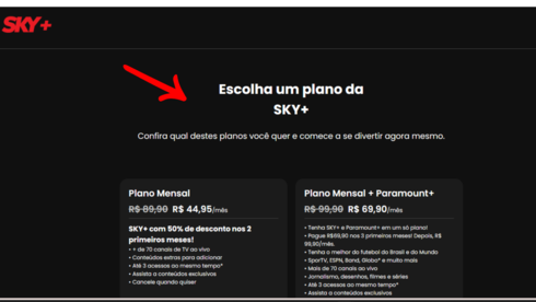 print do site da sky+ onde é feito a escolha do plano
