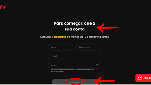 print do site da sky+ onde é para criar a conta