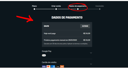 Passo a passo para assistir DAZN - seção de pagamento