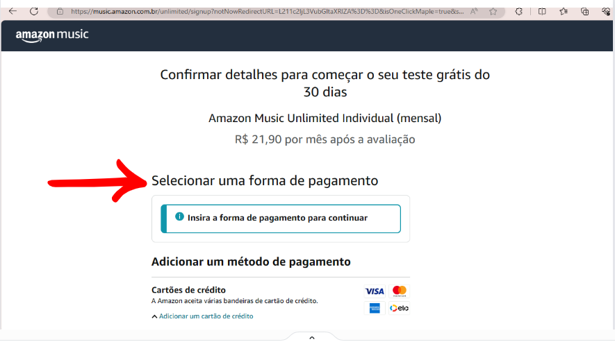 Print da página Amazon Music - seção de pagamento