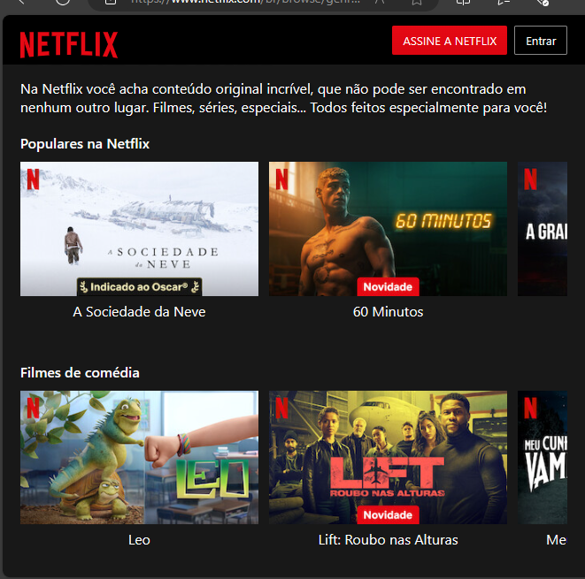 Print do site Netflix com filmes do catálogo