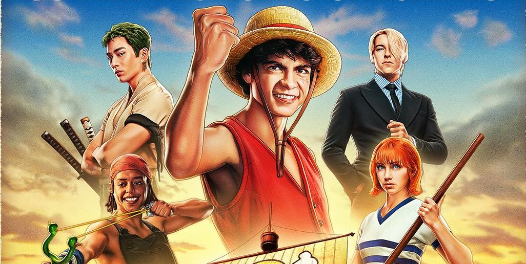 elenco de one piece da netflix reunido em um poster da série