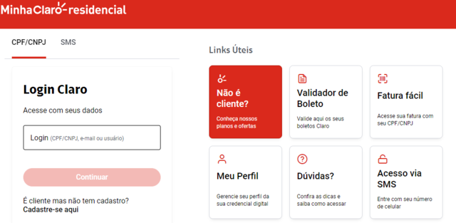 print da tela do site minha Claro residencial