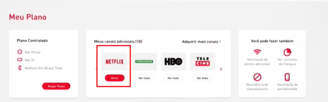 ícone da Netflix no site da Claro