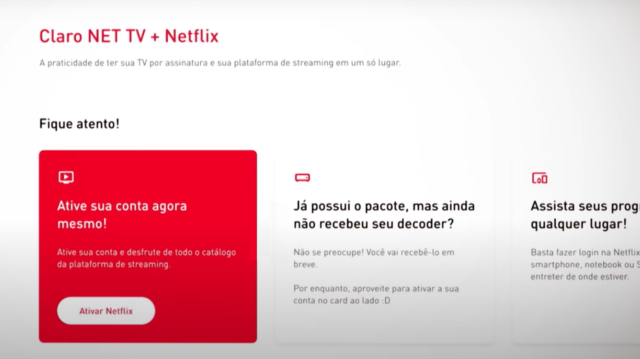 print da tela do site minha claro para ativar netflix