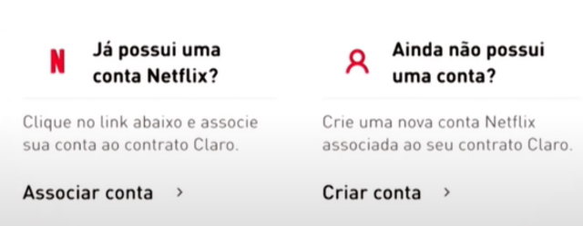 print da tela do site minha claro com opção de associar conta da netflix ou criar nova conta