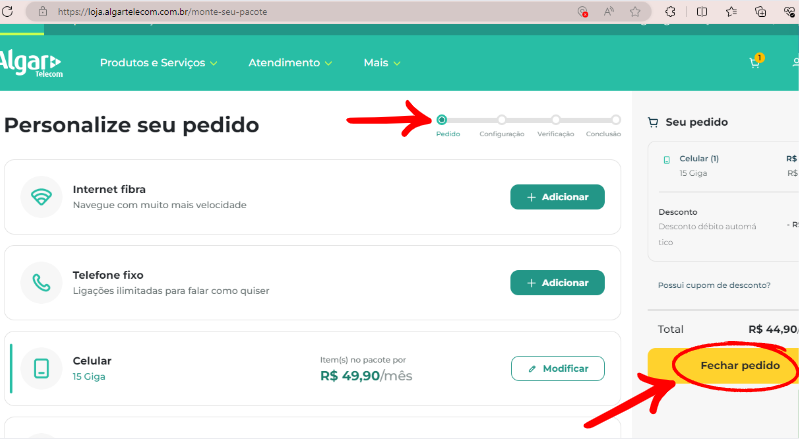 Print da seção de compra Algar Celular