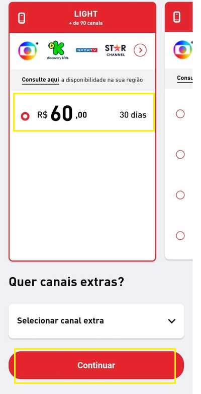 tela para escolher valor da recarga