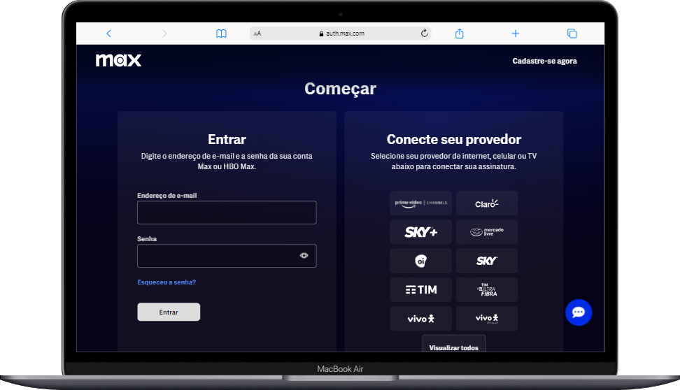 Captura de tela da página de login da HBO