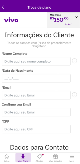 captura de tela do app Meu Vivo com formulário de troca de plano
