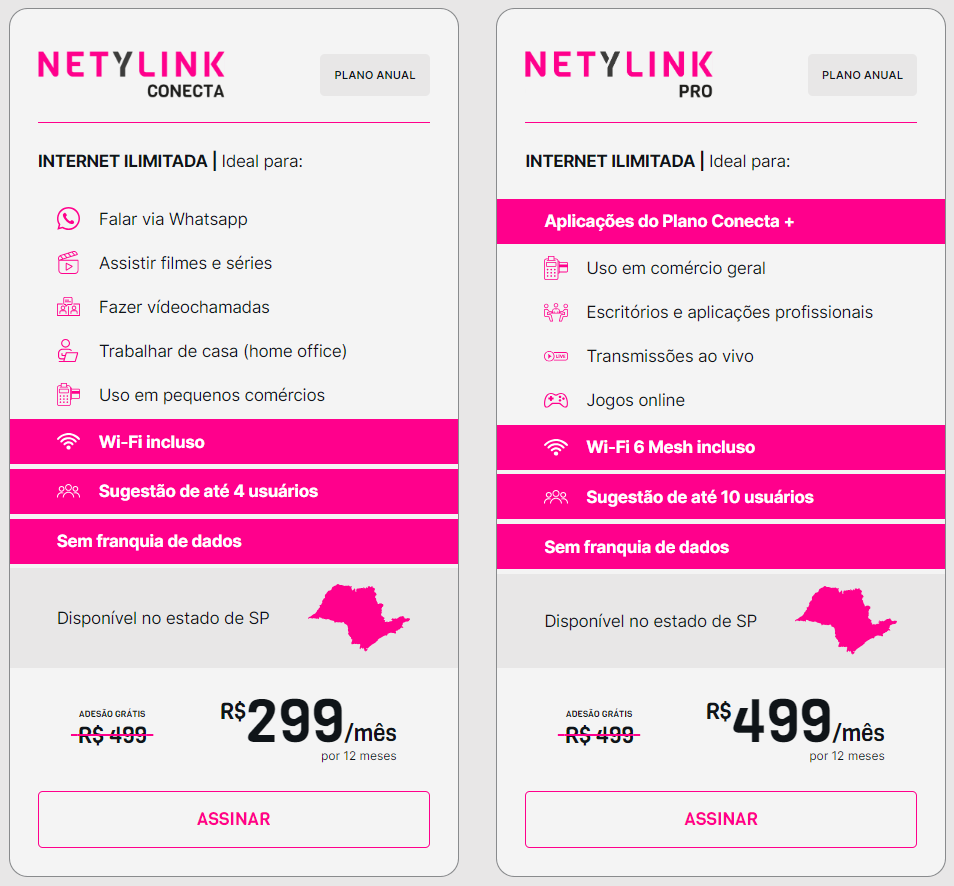 Planos da Netylink internet por 299,00 e 499,00 reais