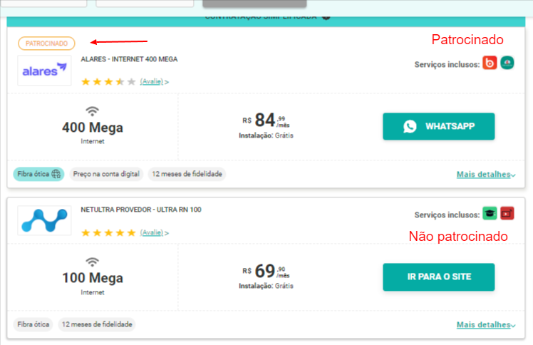 imagem mostrando como ficam os planos no comparador do melhor plano e a diferença entre patrocinados e não patrocinados