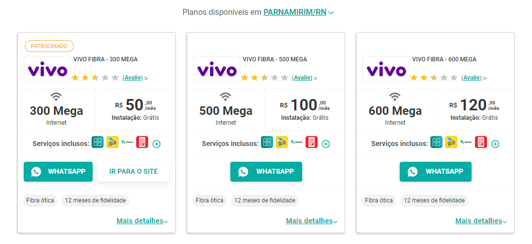 imagem mostrando os cartões da melhor plano que apresentam planos patrocinados ou não