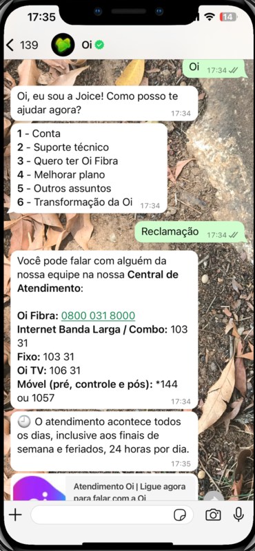 captura de tela WhatsApp Oi - tentativa de registrar uma reclamação pelo canal