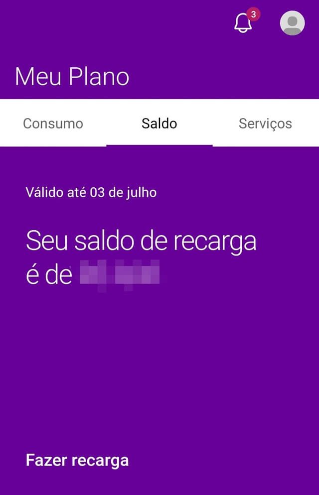 Tela do aplicativo Meu Vivo na seção “Meu Plano”, com a aba “Saldo” selecionada. A imagem mostra a mensagem “Seu saldo de recarga é de...” com o valor borrado, além da informação de validade até 03 de julho e a opção “Fazer recarga” na parte inferior da tela.
