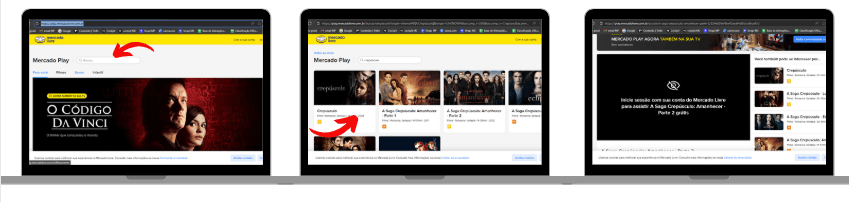 Três telas de notebook exibem o passo a passo para assistir à saga Crepúsculo gratuitamente no Mercado Play. A primeira mostra a página inicial da plataforma com destaque para o filme “O Código Da Vinci”; a segunda exibe a busca pelos filmes de Crepúsculo com as capas visíveis; e a terceira mostra a tela de reprodução com a mensagem solicitando login na conta do Mercado Livre.
