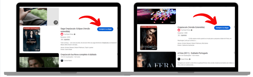 Captura de tela da plataforma YouTube Filmes mostrando a opção de comprar ou alugar os filmes "Crepúsculo (Versão Estendida)" e "Crepúsculo: Eclipse (Versão Estendida)", com destaque para os botões azuis "Comprar ou alugar".