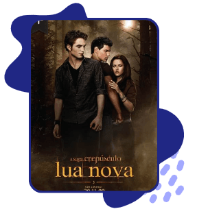 Cartaz do filme A Saga Crepúsculo: Lua Nova com Edward, Jacob e Bella em uma floresta, com clima sombrio.