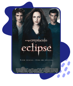 Cartaz do filme A Saga Crepúsculo: Eclipse com Edward, Bella e Jacob lado a lado, com expressão séria.