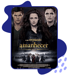 Cartaz do filme A Saga Crepúsculo: Amanhecer – Parte 1 com Edward, Bella grávida e Jacob ao lado, ao entardecer.
