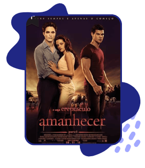 Cartaz do filme A Saga Crepúsculo: Amanhecer – Parte 2 com Bella, Edward e Jacob em frente a um exército de vampiros.