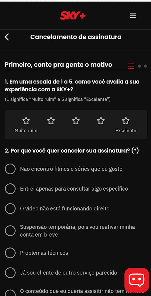 Tela do processo de cancelamento no SKY+, com o título “Cancelamento de assinatura”. O sistema solicita ao usuário que avalie sua experiência em uma escala de 1 a 5 estrelas e selecione o motivo do cancelamento entre opções como “Não encontro filmes e séries que eu gosto”, “Problemas técnicos” e “Suspensão temporária”