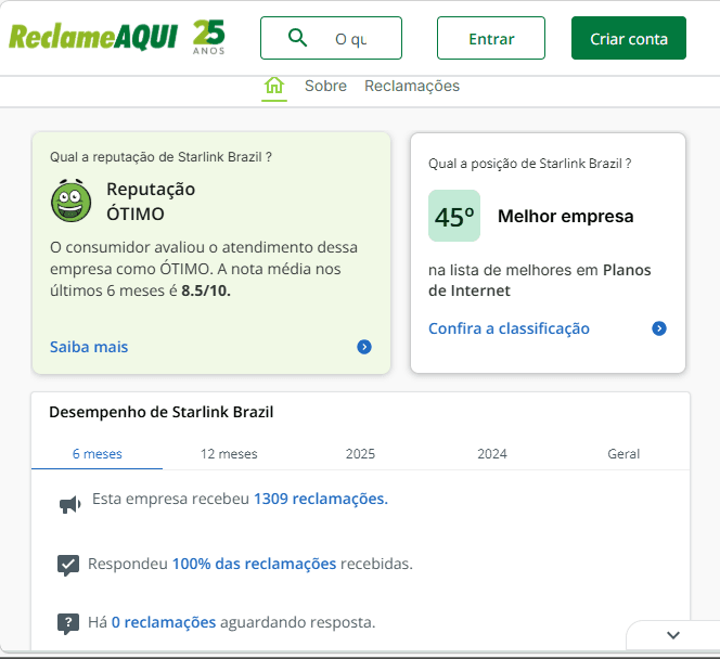 print da reputação da starlink no reclame aqui