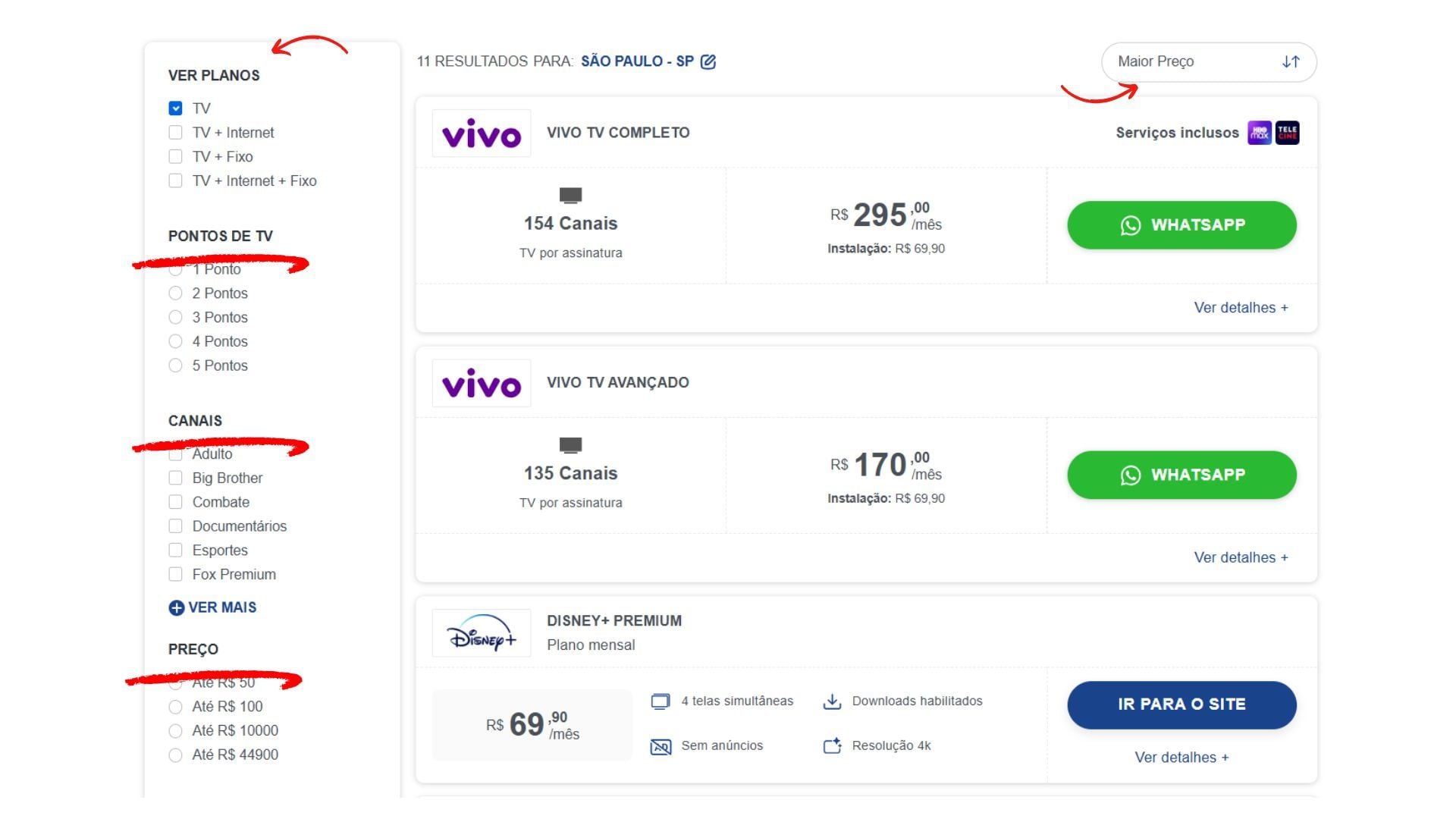 Página de comparação de planos de TV para São Paulo (SP), com 11 resultados. Na lateral esquerda, há filtros por tipo de plano, número de pontos de TV, canais e faixa de preço. Na área principal, aparecem o Vivo TV Completo, com 154 canais por R$ 295/mês e serviços HBO Max e Telecine; o Vivo TV Avançado, com 135 canais por R$ 170/mês; e o Disney+ Premium, por R$ 69,90/mês, com 4 telas simultâneas, downloads, ausência de anúncios e resolução 4K.