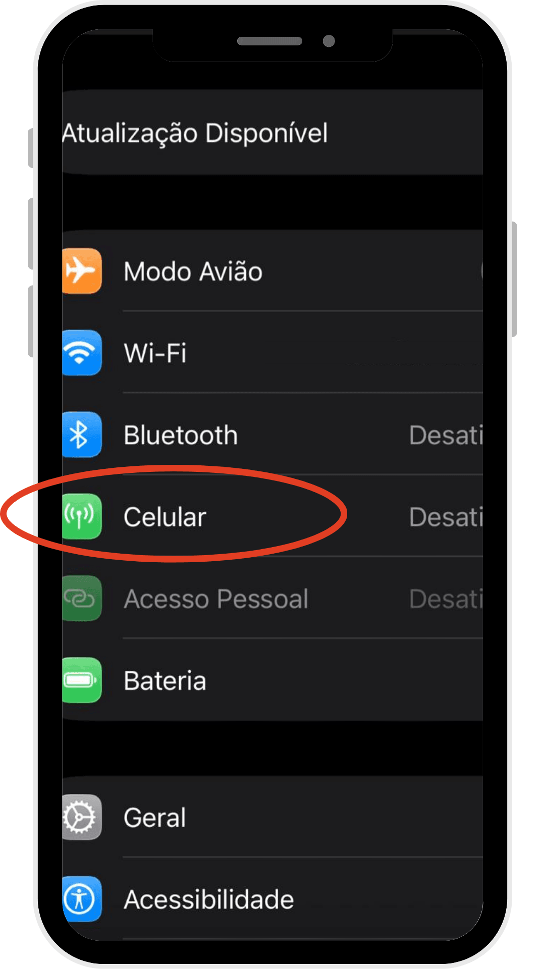 Tela de Ajustes do iPhone com a opção “Celular” destacada para acessar as configurações da linha.