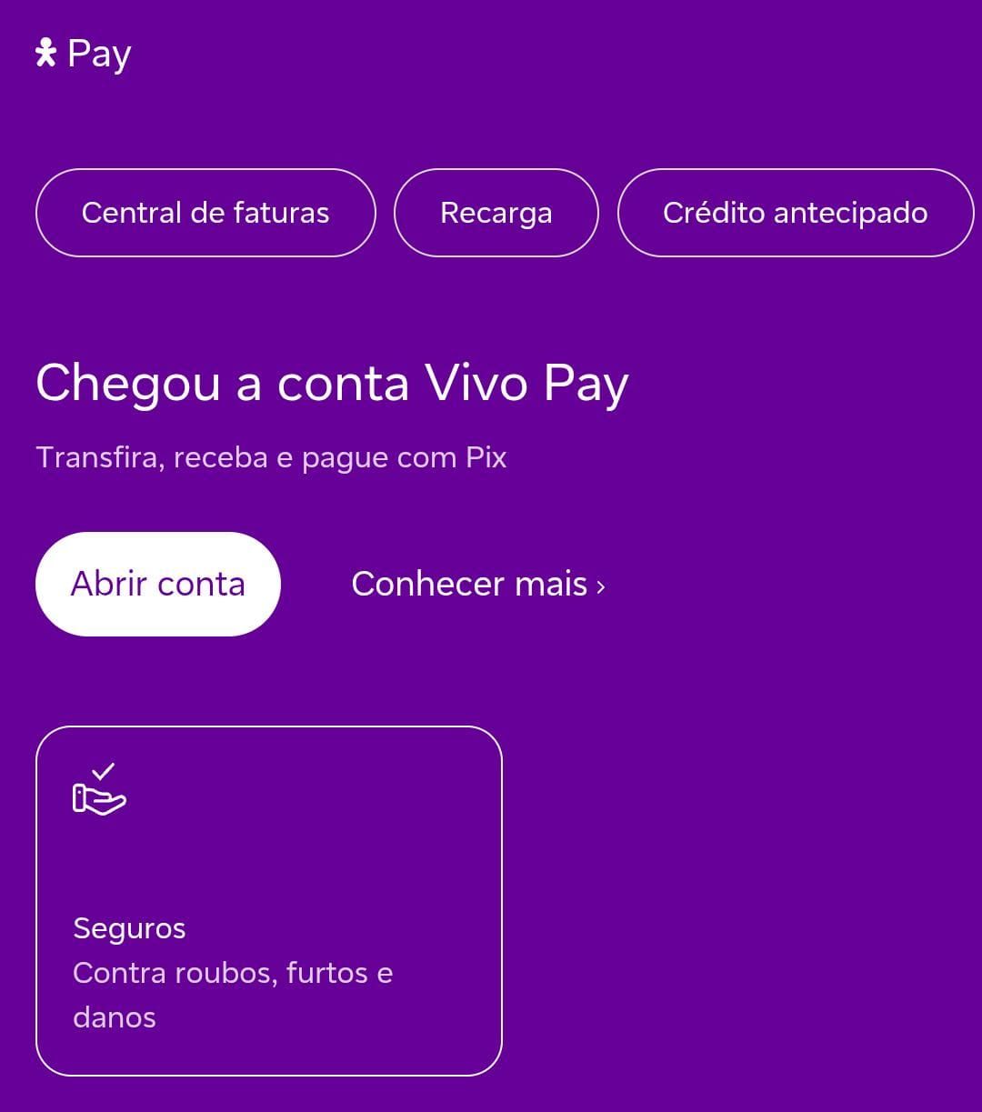 Tela da área Pay no aplicativo Meu Vivo, onde aparece a opção “Seguros – contra roubos, furtos e danos”, usada para acessar e contratar seguros disponíveis no app.