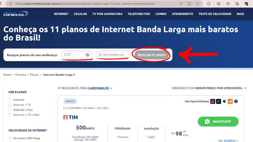 Print do comparador de planos Minha Conexão - 1