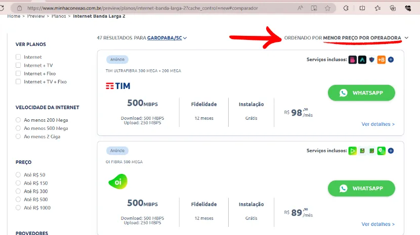 Print do comparador de planos Minha Conexão - 2