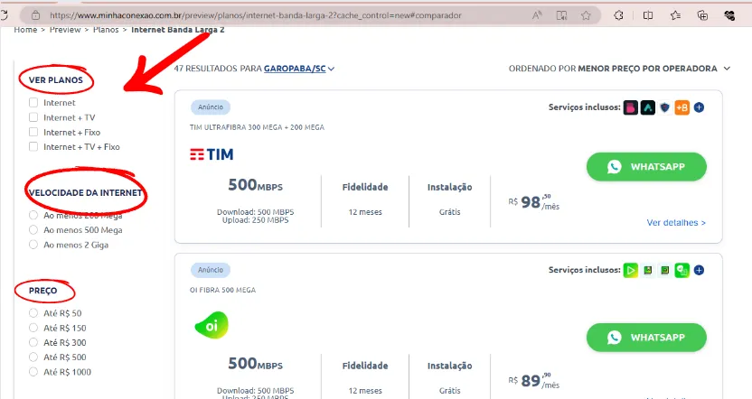 Print do comparador de planos Minha Conexão - 3