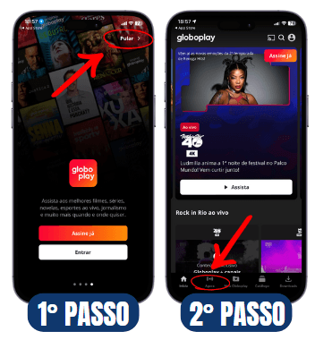 Print do app globoplay com os dois primeiros passos de como assistir de graça