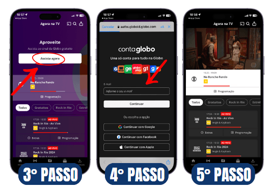 Print do app globoplay com os três últimos passos de como assistir de graça