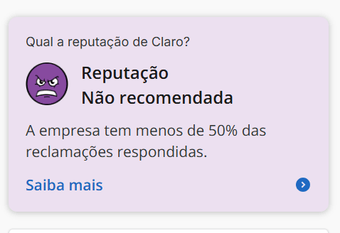 Reputação da Claro no Reclame Aqui classificada como não recomendada.