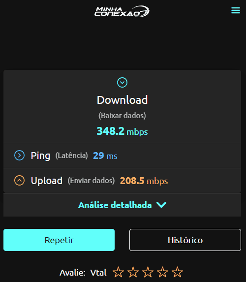 print do teste de velocidade do Minha Conexão finalizado, mostrando dados de download, upload e ping