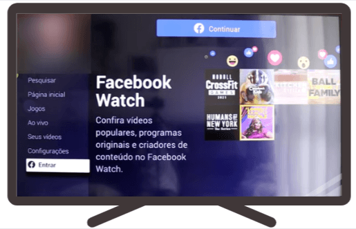 Tela de TV exibindo a interface do Facebook Watch, com menu lateral à esquerda (Pesquisar, Página inicial, Jogos, Ao vivo, Seus vídeos, Configurações) e, ao centro, destaque para vídeos e programas populares, além do botão “Continuar” com Facebook no topo.