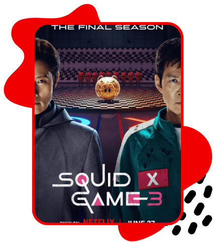 Pôster da série Round 6 (temporada final), com dois personagens em primeiro plano — um de cada lado da imagem — observando um cenário de jogo ao fundo com participantes vestidos com uniformes vermelhos. No centro há uma grande bola dourada sobre um piso quadriculado, enquanto o título “Squid Game 3” aparece na parte inferior do cartaz.
