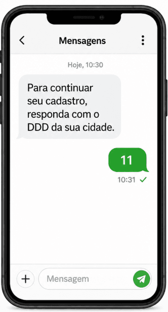 Ilustração da tela de mensagens do celular mostrando um SMS que solicita o DDD da cidade, com a resposta “11”.