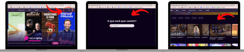 Três telas de computador mostrando o passo a passo para buscar edições antigas de A Fazenda no RecordPlus. A primeira tela mostra a página inicial do RecordPlus com a seta indicando o menu de busca. A segunda tela mostra a barra de pesquisa com o texto 'O que você quer assistir?'. A terceira tela exibe os resultados da pesquisa com miniaturas de episódios antigos do reality.
