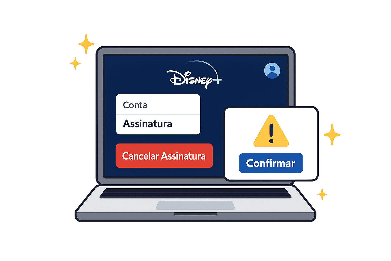 Ilustração vetorial de um laptop exibindo a tela do site Disney+, com o menu “Assinatura” aberto e um grande botão vermelho escrito “Cancelar Assinatura”. Ao lado, há um ícone de alerta amarelo e um botão azul “Confirmar”.
