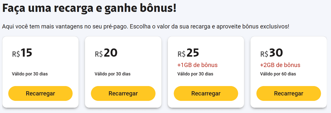 Cards de recarga Claro com valores de R$15, R$20, R$25 e R$30, mostrando validade dos créditos e bônus de internet.