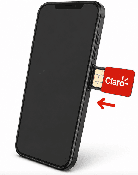 Ilustração de um celular preto com a bandeja do chip aberta e um chip Claro sendo inserido no aparelho.