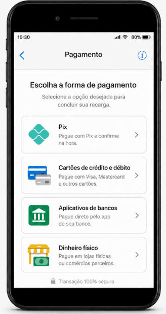 Tela de celular com formas de pagamento da Recarga Claro, incluindo Pix, cartão, aplicativo bancário e dinheiro físico.