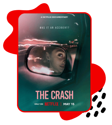 Pôster do documentário The Crash, da Netflix. Uma jovem aparece refletida no retrovisor de um carro durante a noite, com luzes de trânsito ao fundo. O título “The Crash” aparece na parte inferior da imagem.